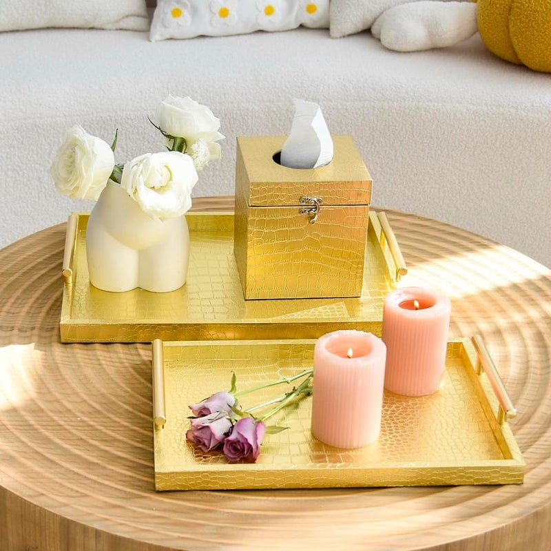 MACVAD Set of 2 Modern Elegant Large Wood Serving Tray, Rectangle Decorative Tray Ottoman Tay Coffee Table Tray, Gold Crocodile Leather with Gold Polished Metal Handles - Image 3
